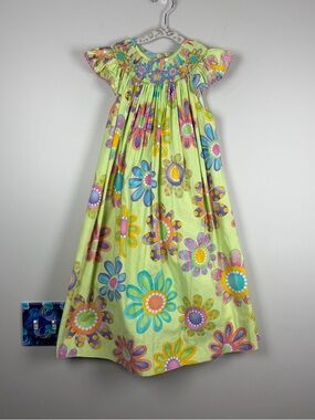 Amanda Remembered Smocked Green Cotton Dress Hippie Rainbow Floral Girls Size 6